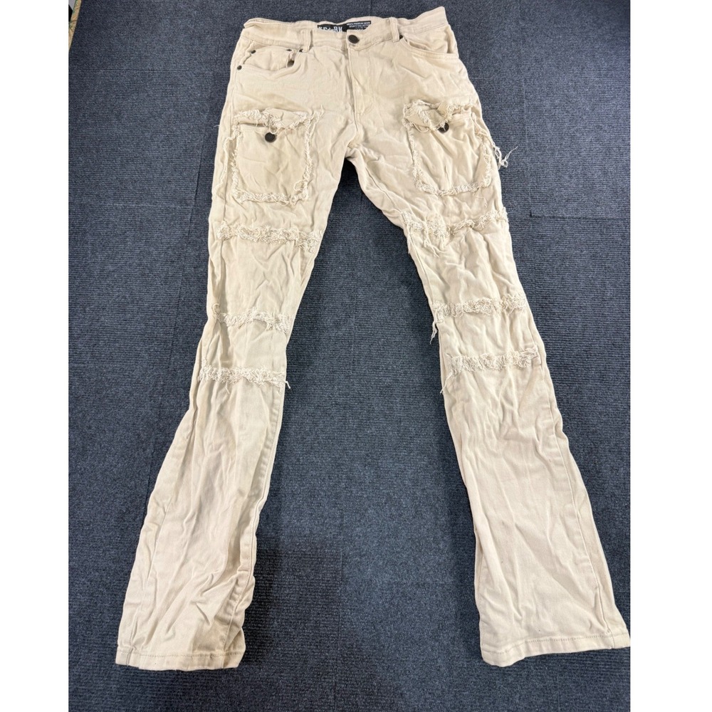 Spark Mens Premium Denim Stretch Flare Fit Distressed Cargo Pants Tan 36x32